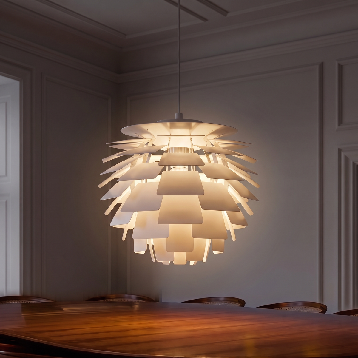Lampa wisząca nowoczesna designerska biała | Ricella – zapalone światło