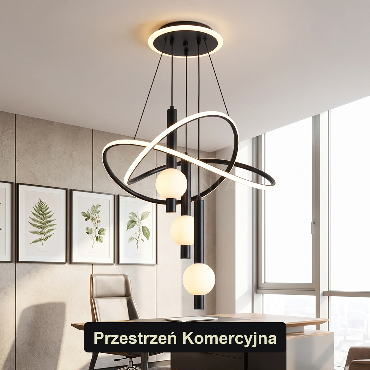 Czarny żyrandol z białymi kloszami | Vintola – przestrzeń komercyjna