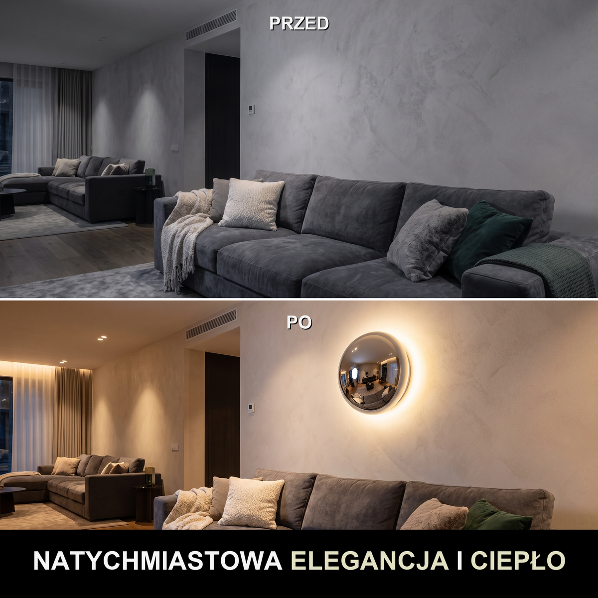 Kinkiet chrom – okrągła lampa LED | BOULIA – przed i po