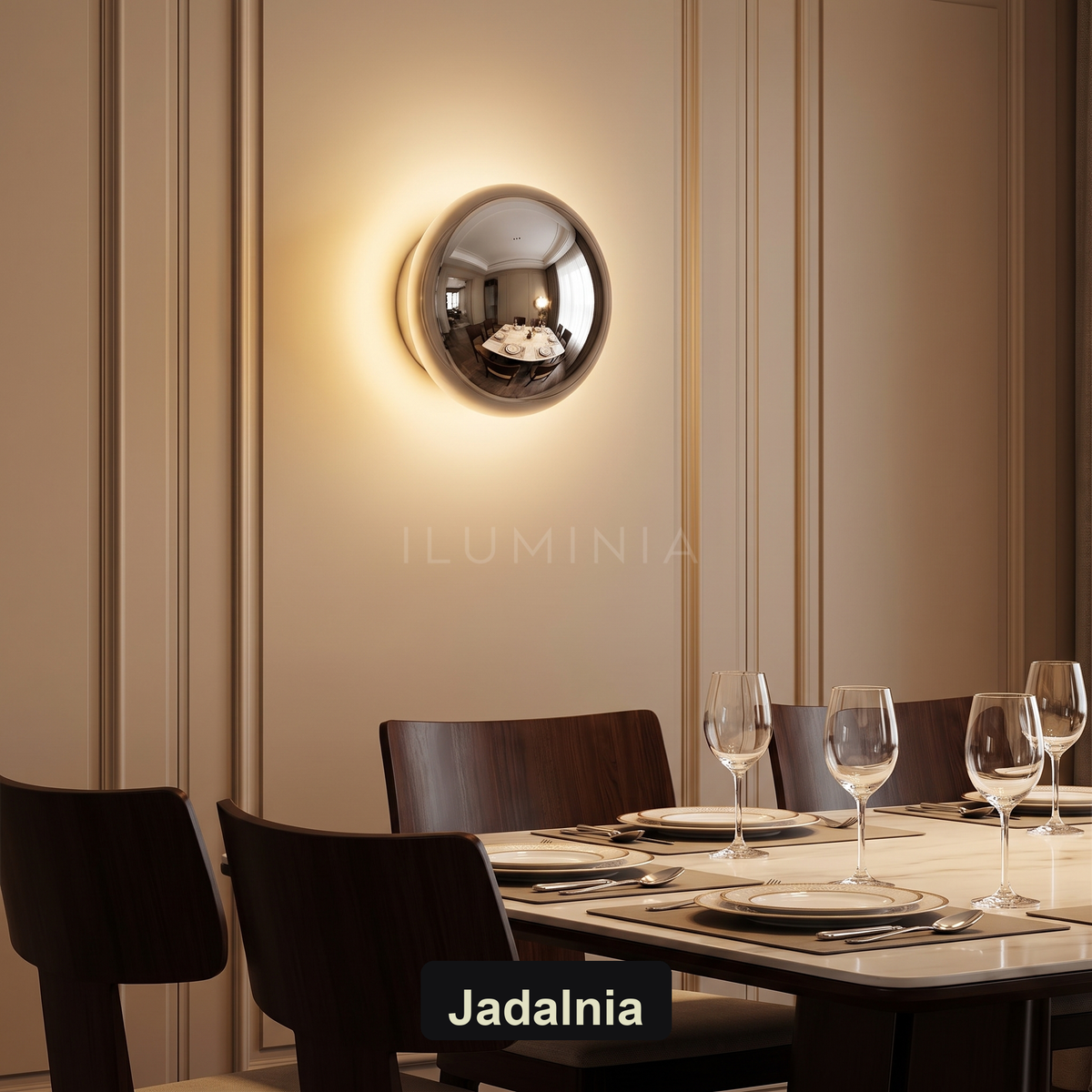 Kinkiet chrom – okrągła lampa LED | BOULIA – jadalnia