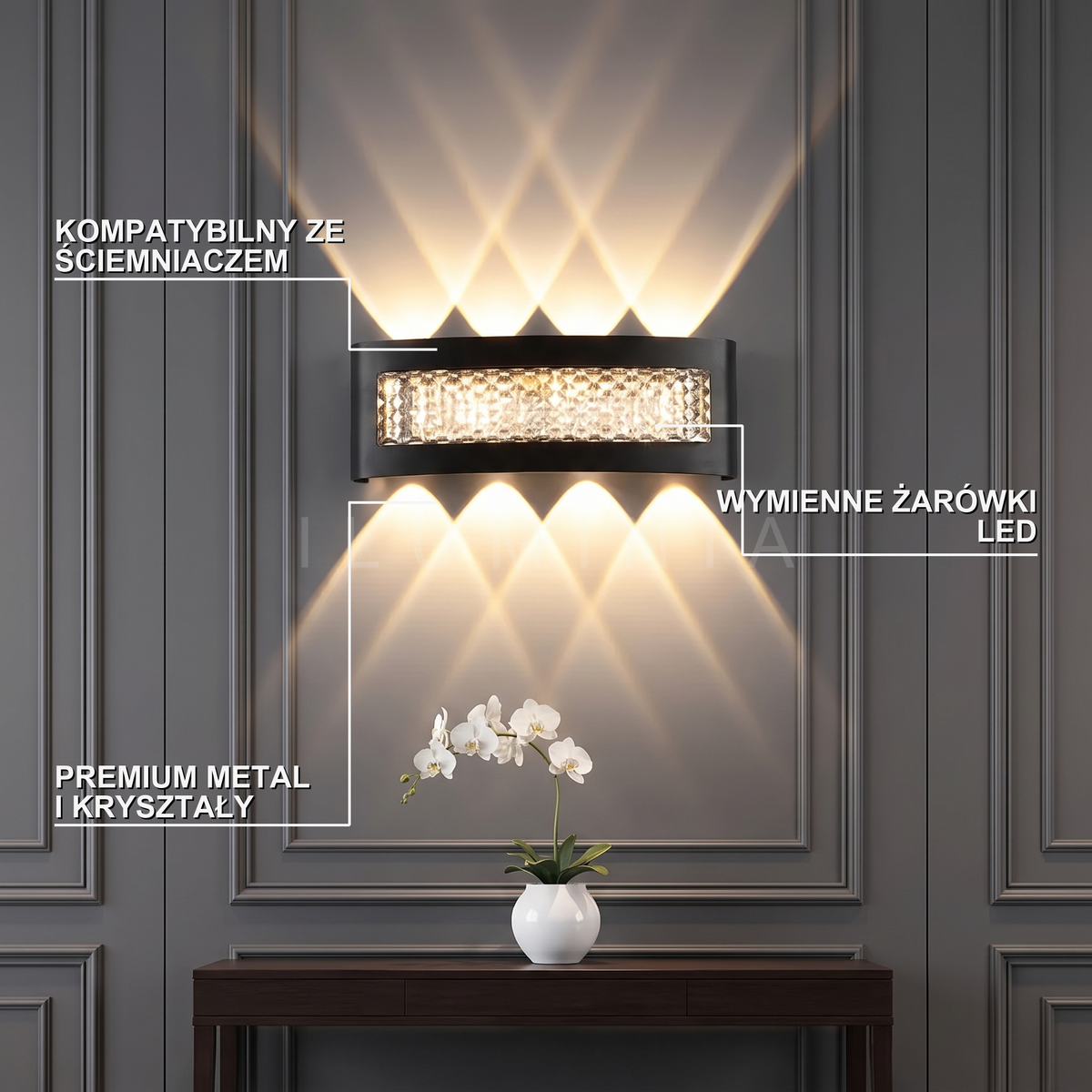 Kinkiet czarny z kryształkami – LED – ujęcie 3