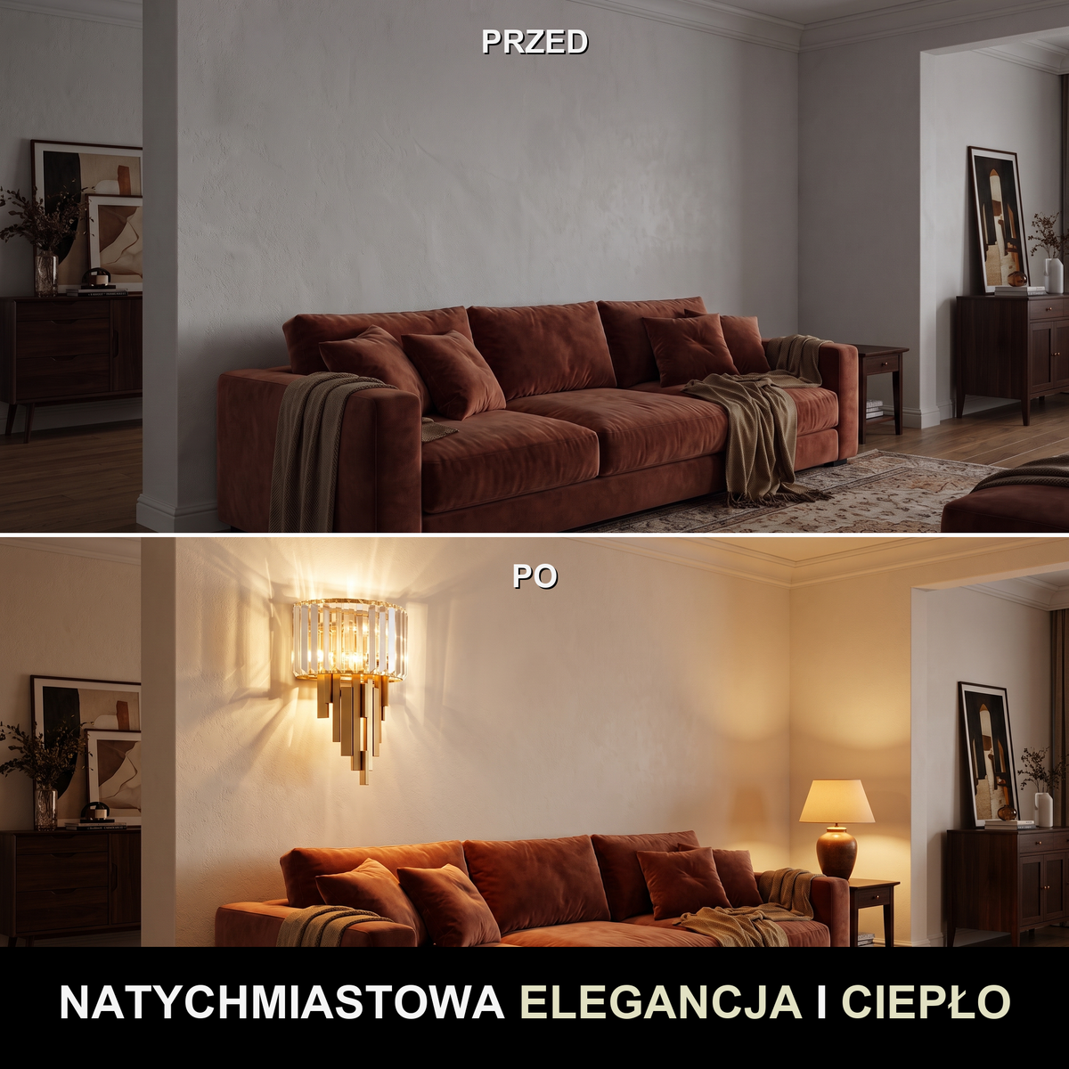 Kinkiet do salonu glamour – kryształowy postmodern | PRISMA – przed i po