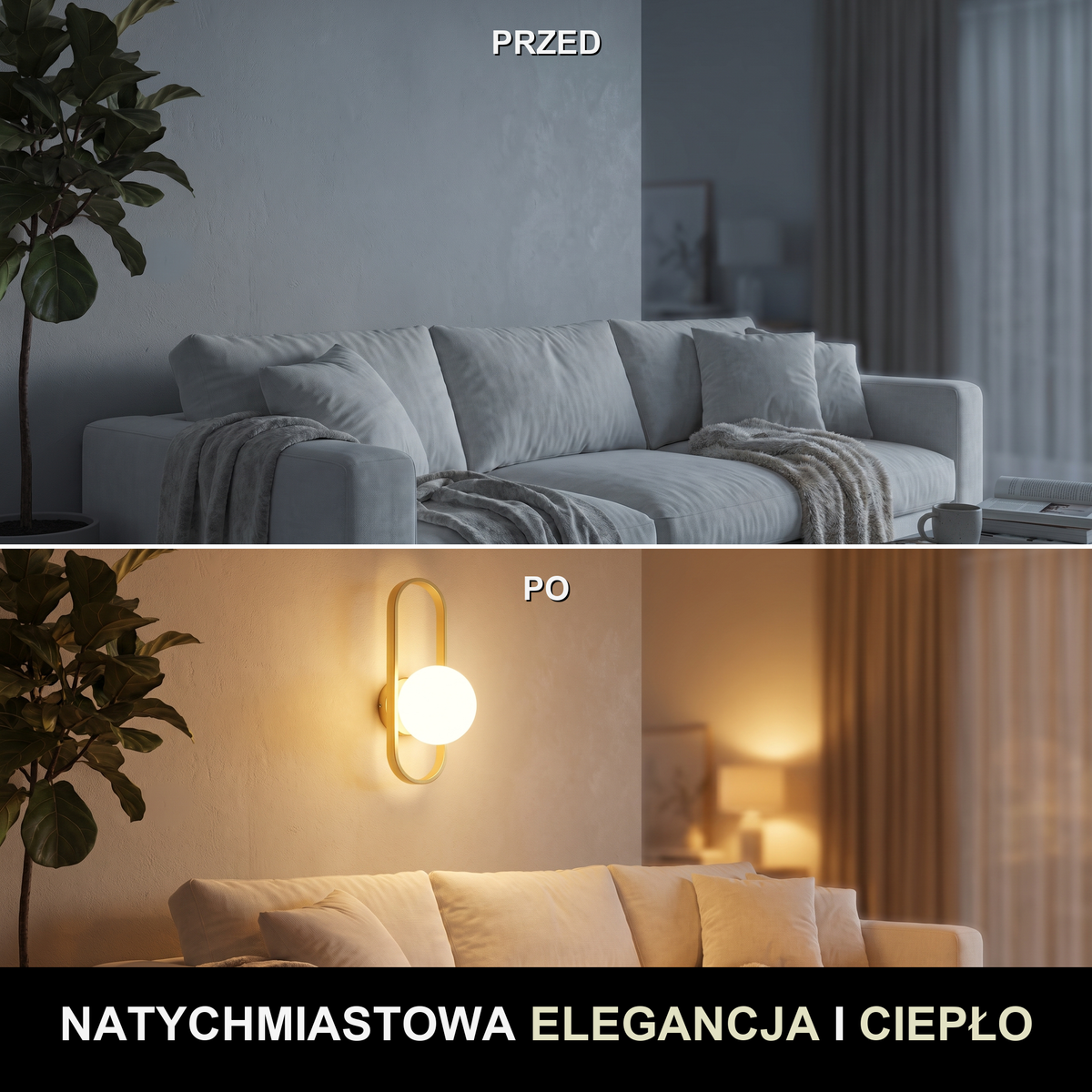Kinkiet glamour złoty – owalny z białym globusem | ORVANA