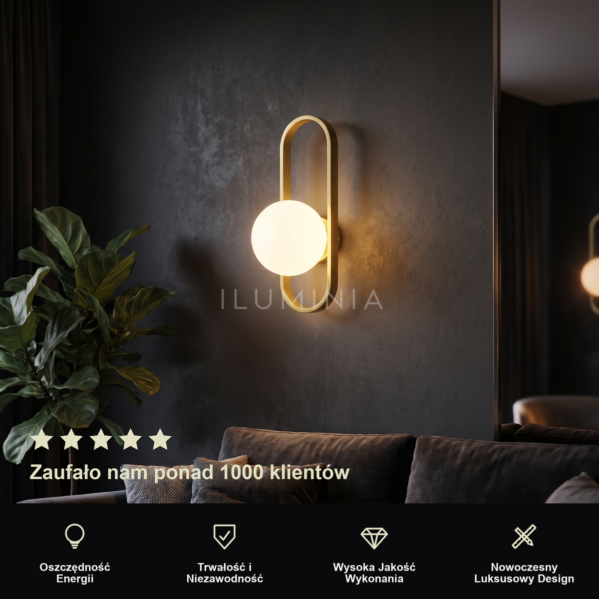 Kinkiet glamour złoty – owalny z białym globusem | ORVANA