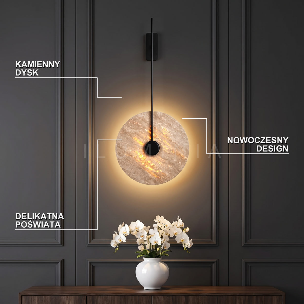 Kinkiet koło – okrąg z kamienia, czarny – ujęcie 2