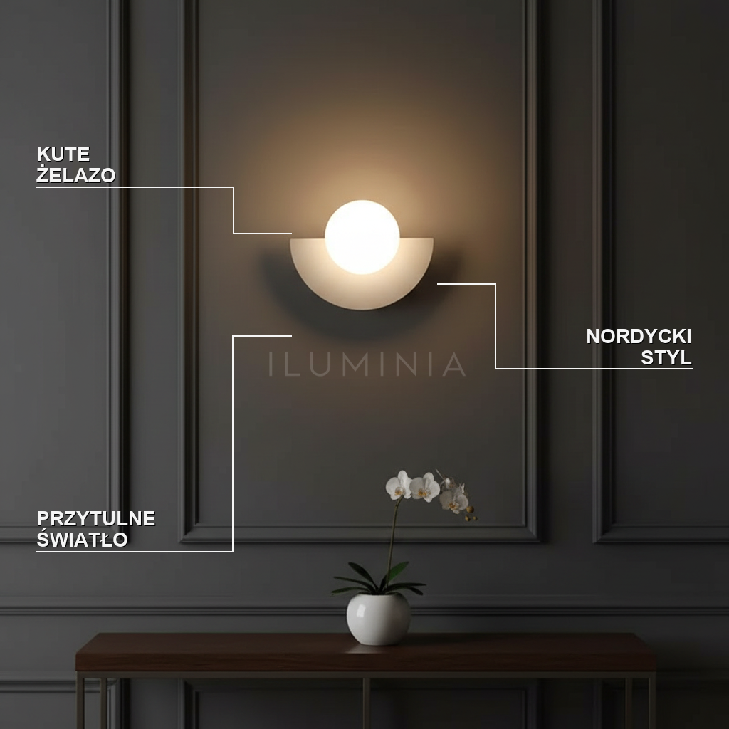 Kinkiet kula biała – LED, kute żelazo do sypialni