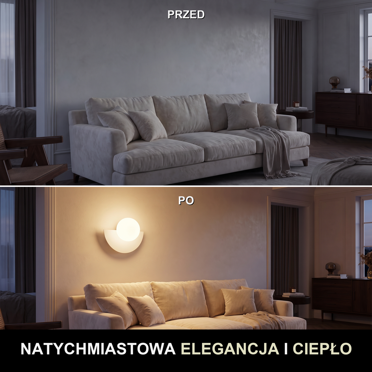 Kinkiet kula biała – LED, kute żelazo | SFERA – przed i po