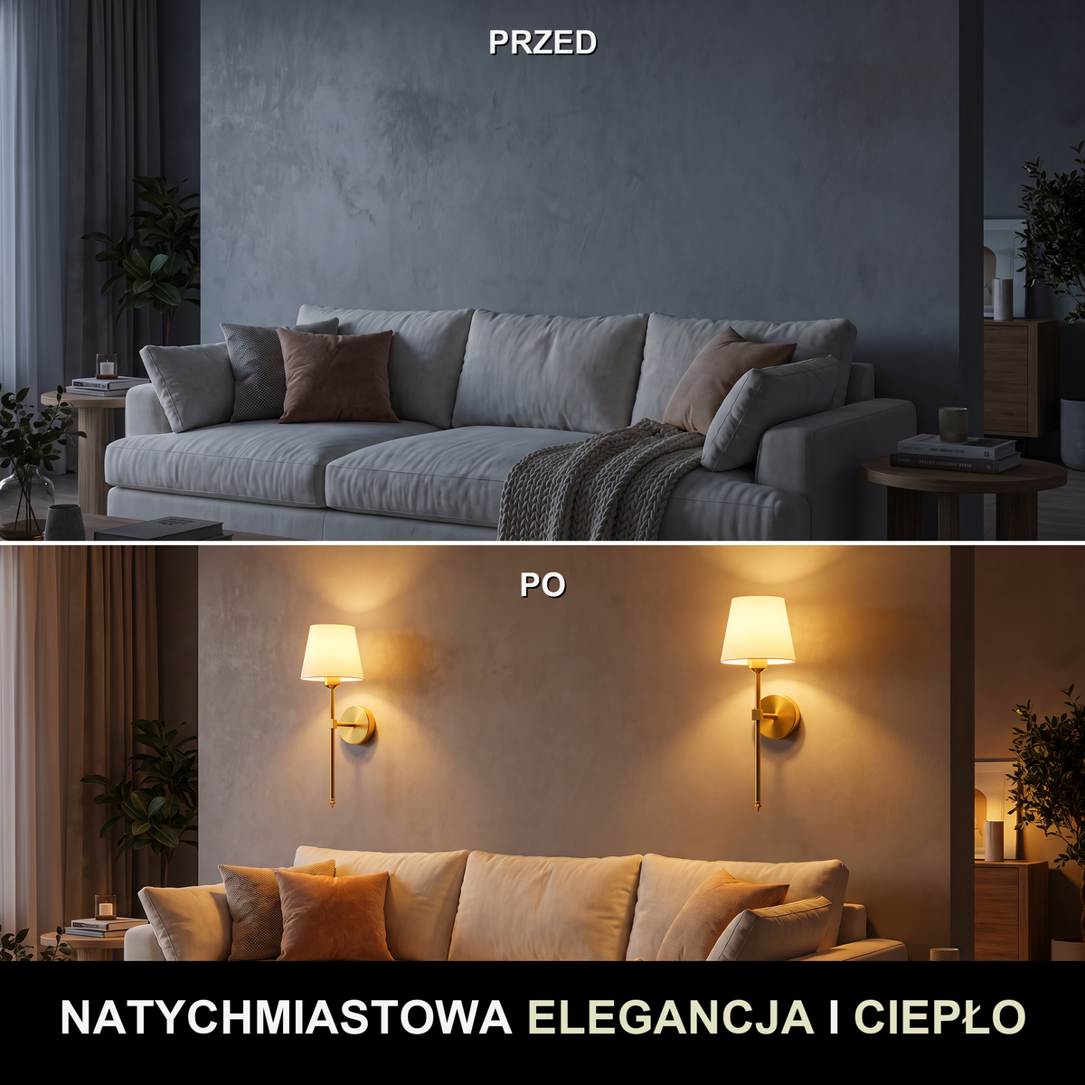 Kinkiet ledowy na baterie – bezprzewodowy RGB, 2 szt. | NOVARA – przed i po