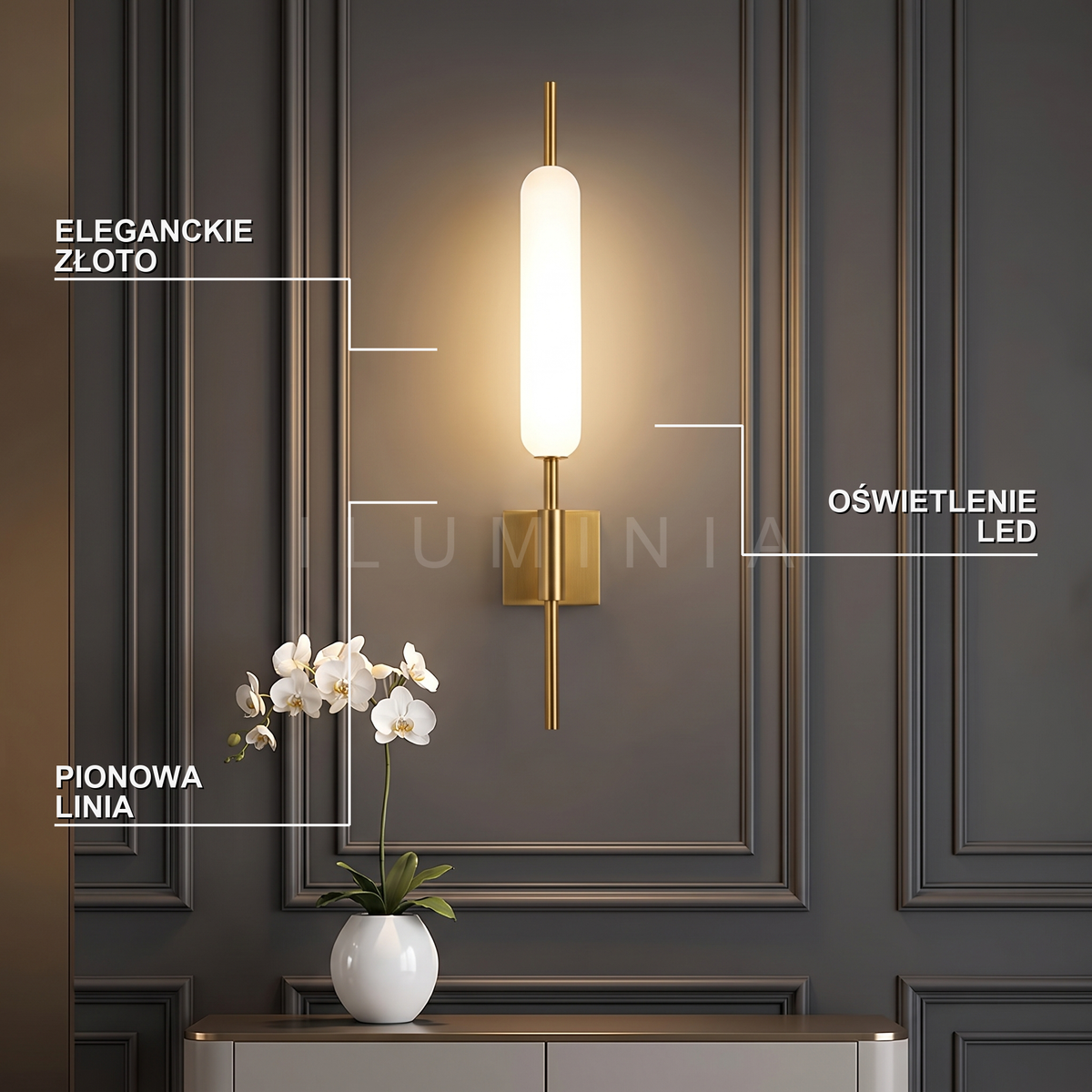 Kinkiet pionowy led – złoty, elegancki – ujęcie 3