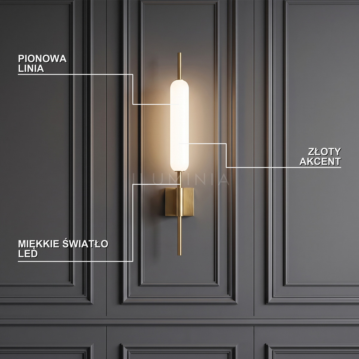 Kinkiet pionowy led – złoty, elegancki | AURIVECZ