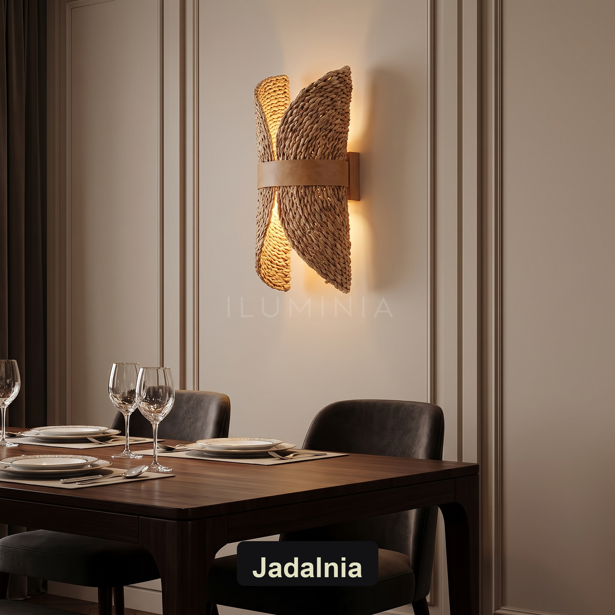 Kinkiet rattanowy – naturalny, boho | ROUFIN – jadalnia