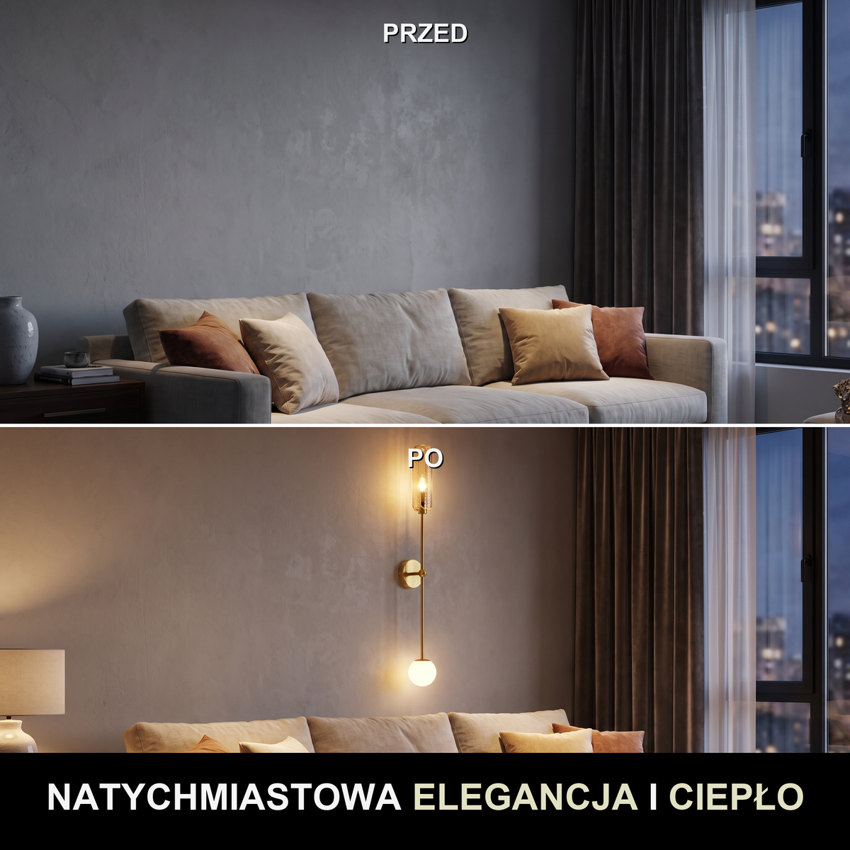 Kinkiet skandynawski – szklany klosz LED | VETRA – przed i po