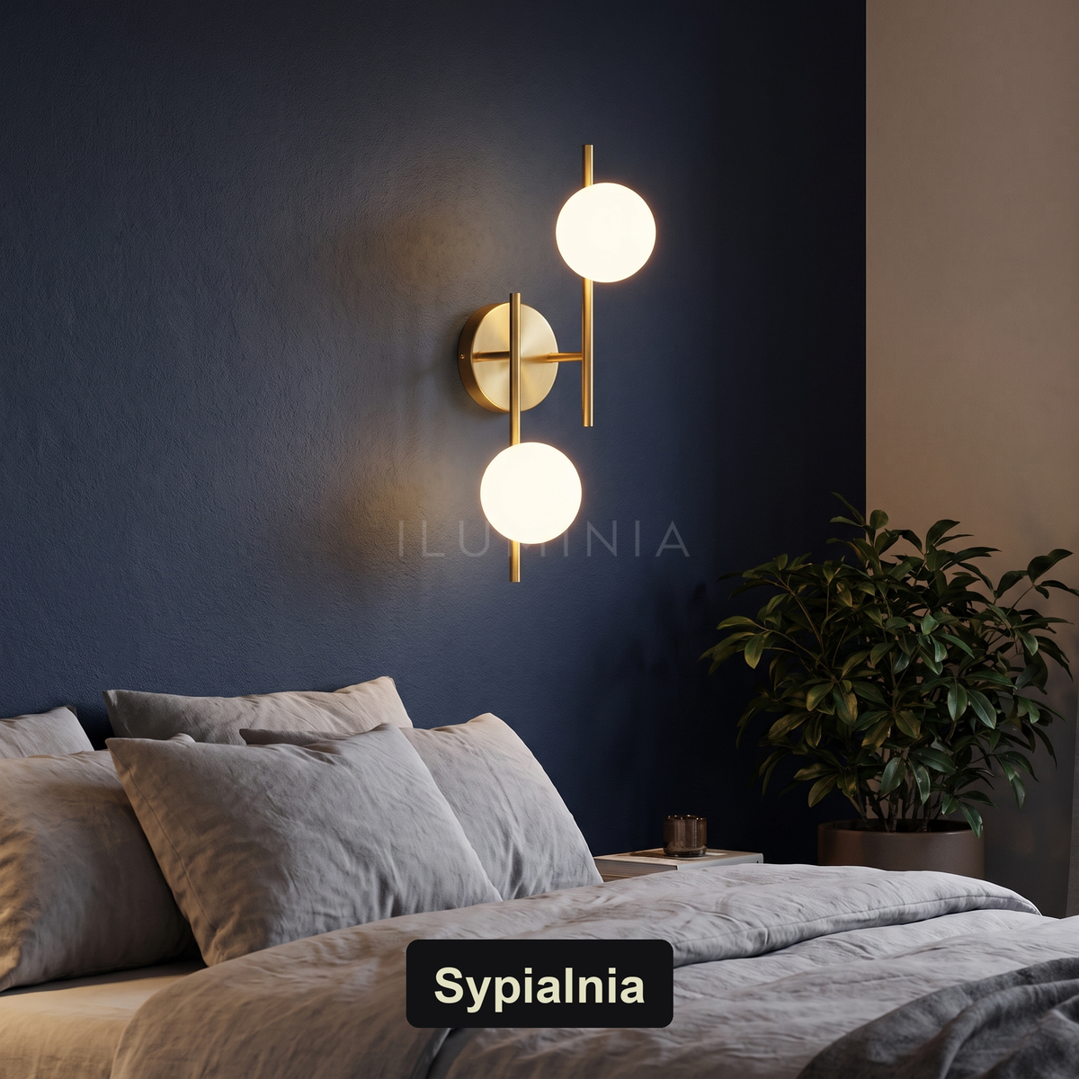 Kinkiet złoty kula – szklany klosz LED | OPALA – sypialnia