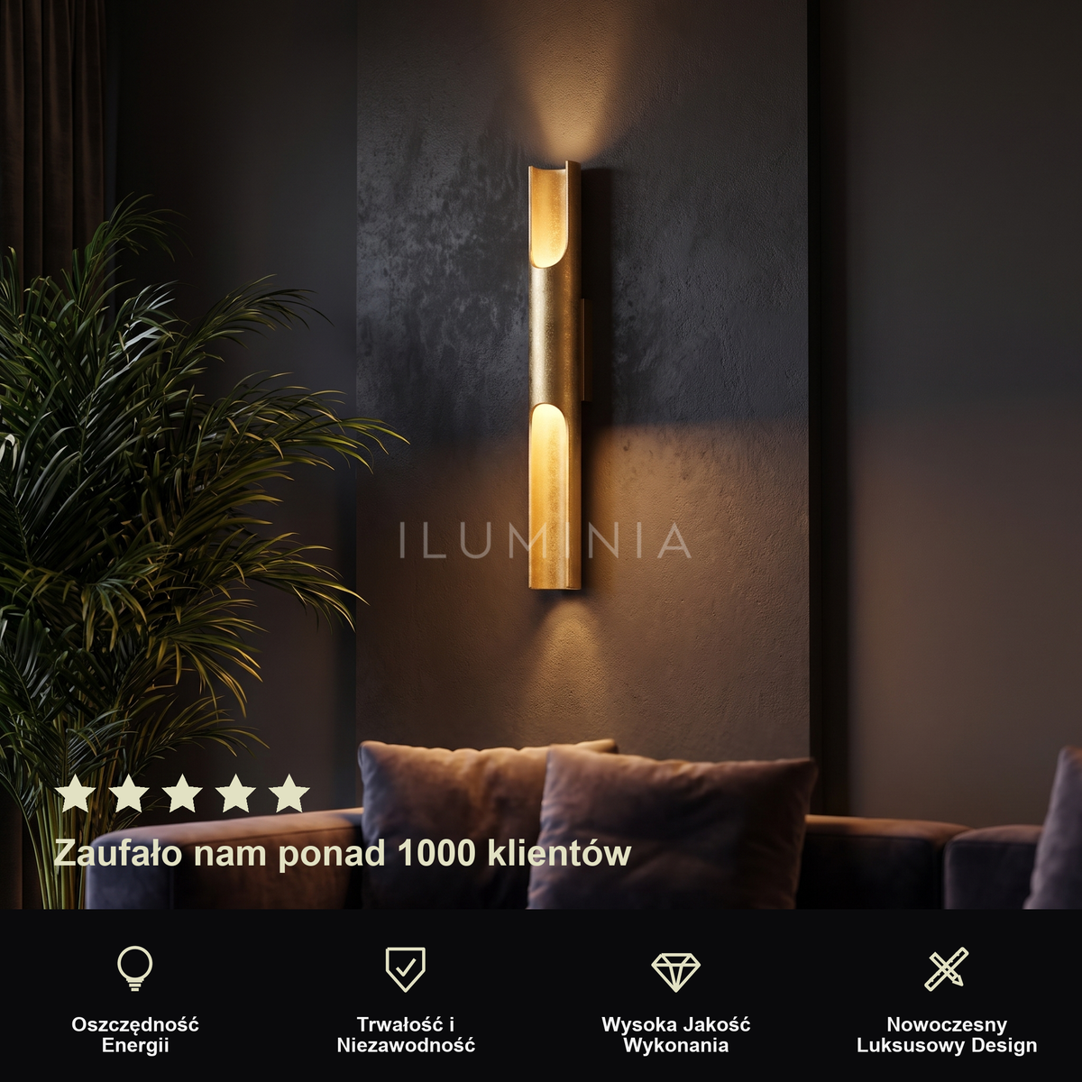 Kinkiet złoty led – minimalistyczny, do korytarza | MAURION