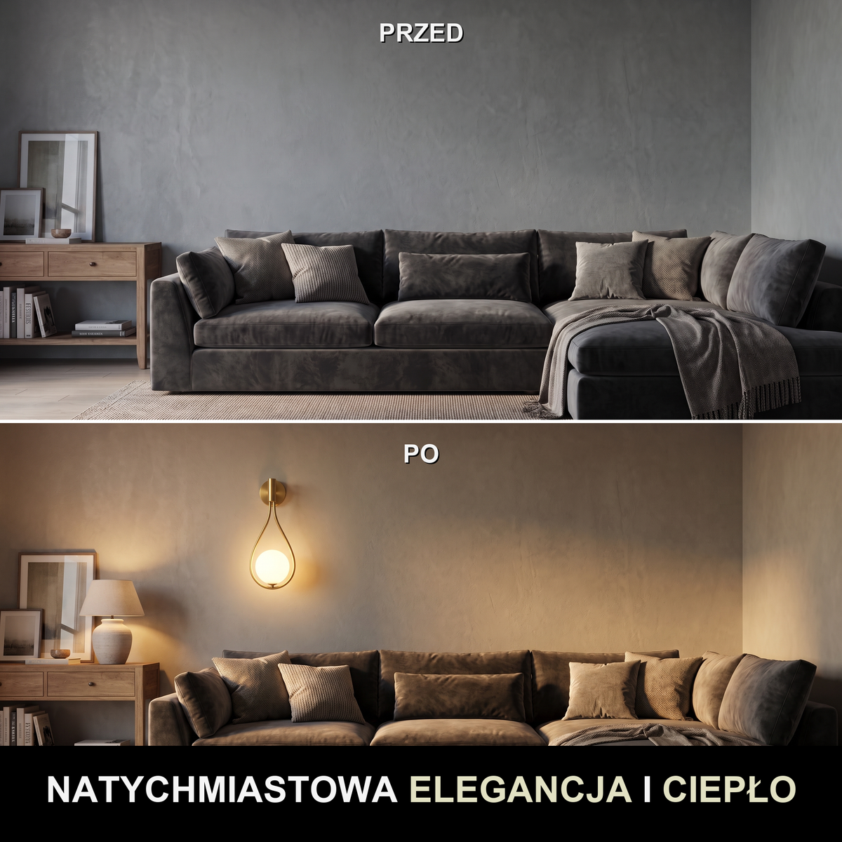 Kinkiet złoty nowoczesny – LED, kropla | GOCCIA – przed i po