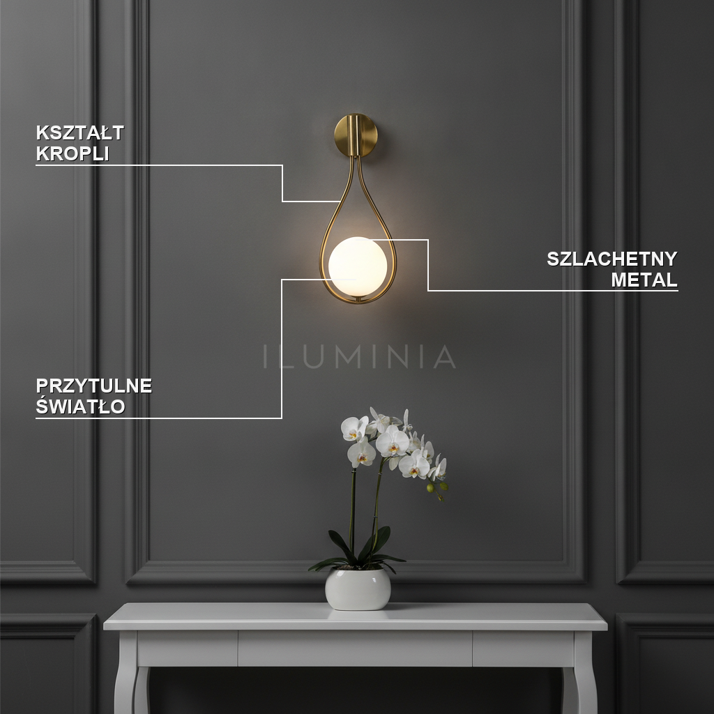Kinkiet złoty nowoczesny – LED, kropla | GOCCIA – cechy i funkcje