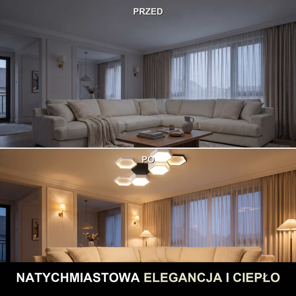 Lampa sufitowa biała plafon | Fioriva – przed i po