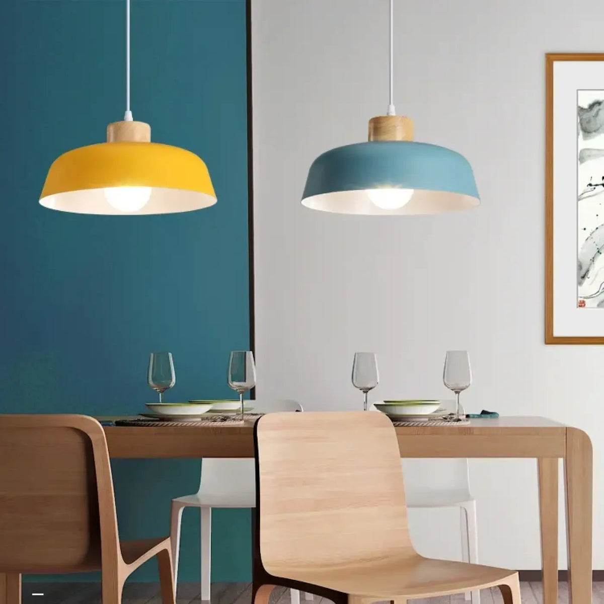 Lampa wisząca pastelowa metalowa z drewnem | Vinola