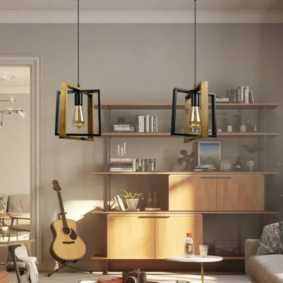 Lampa wisząca czarna z drewnem | Magnella