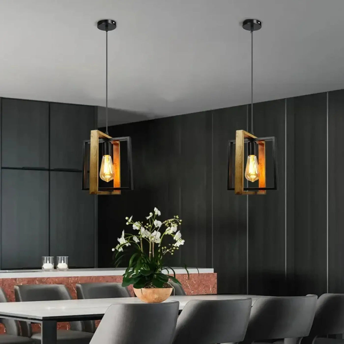 Lampa wisząca czarna z drewnem | Magnella