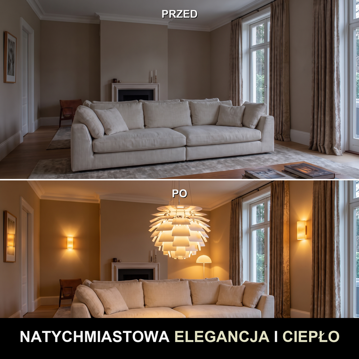 Lampa wisząca nowoczesna designerska biała | Ricella – przed i po