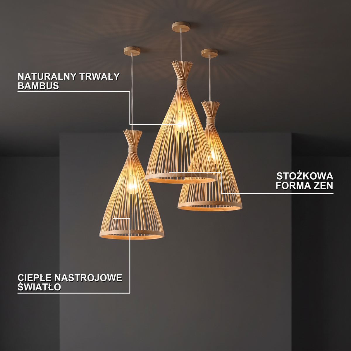 Lampa wisząca zen bambusowa stożkowa | Ostena
