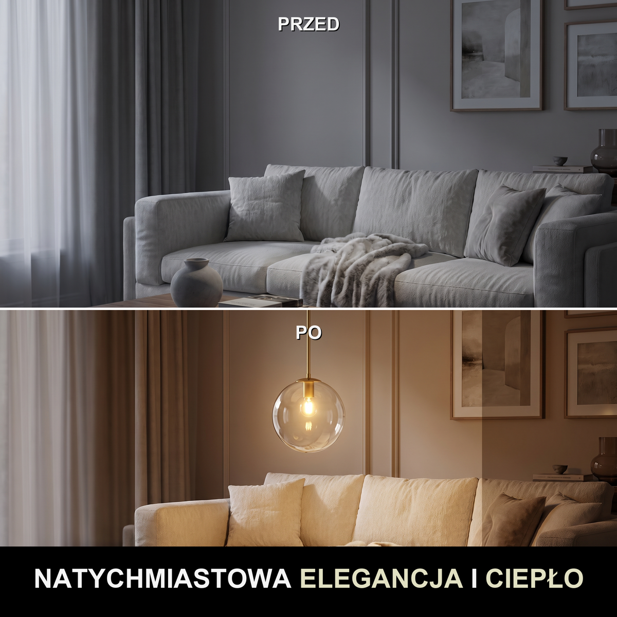 Lampa wisząca złota kula | Dormina – przed i po