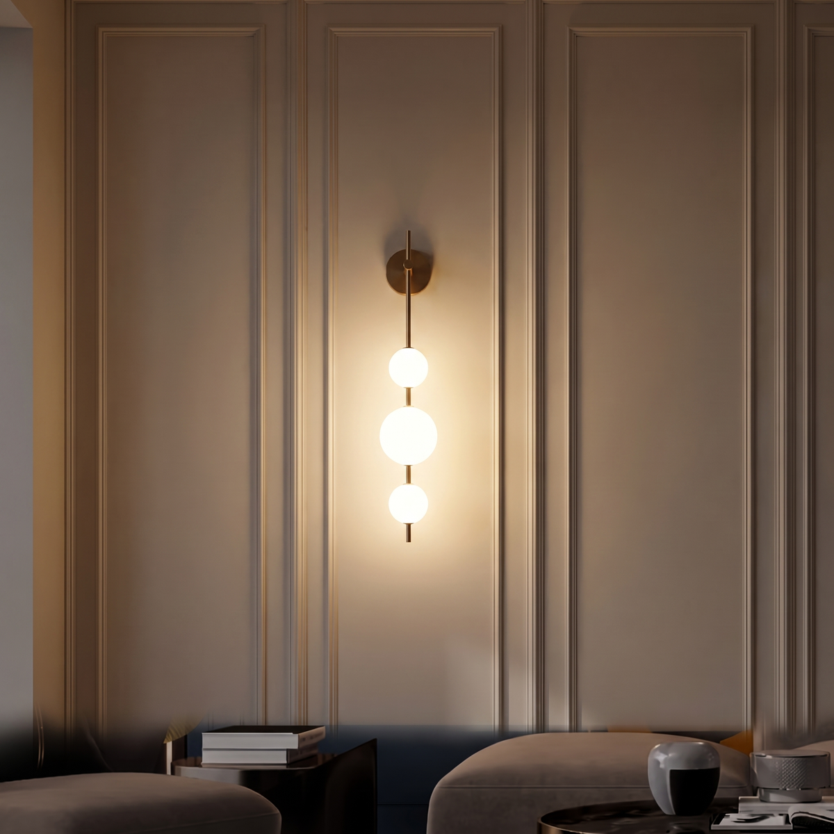 Kinkiet art deco – LED, opalowe szkło | MILANO – zapalone światło