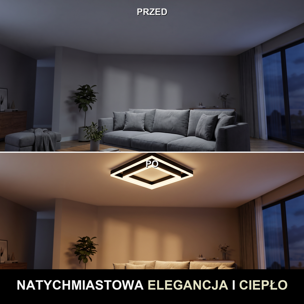 Plafon LED kwadratowy czarny | Boraoro – przed i po