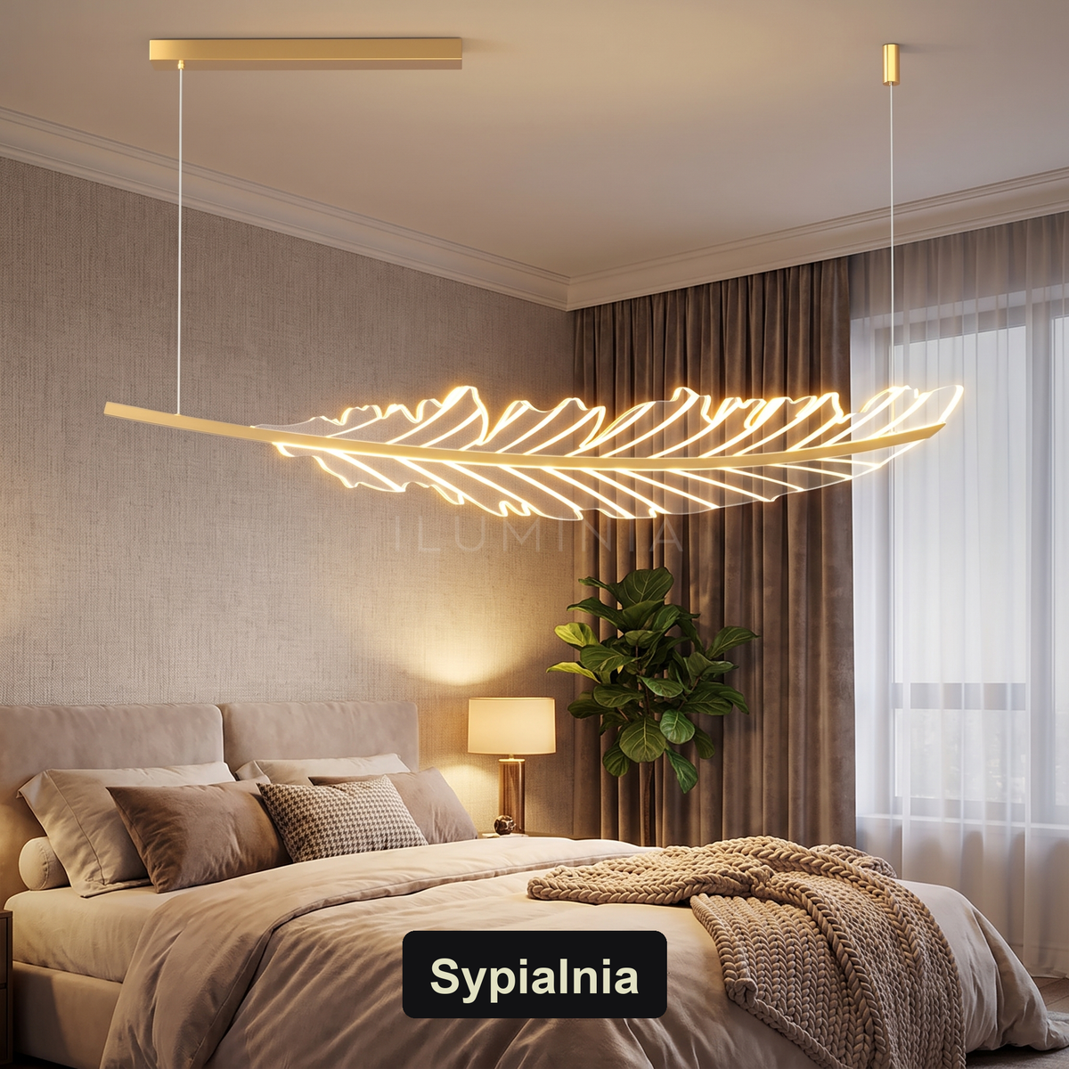 Złota lampa wisząca LED w kształcie pióra | Vinita – sypialnia