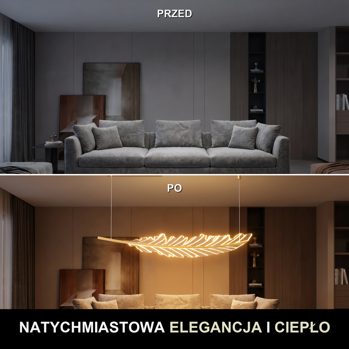 Złota lampa wisząca LED w kształcie pióra | Vinita – przed i po