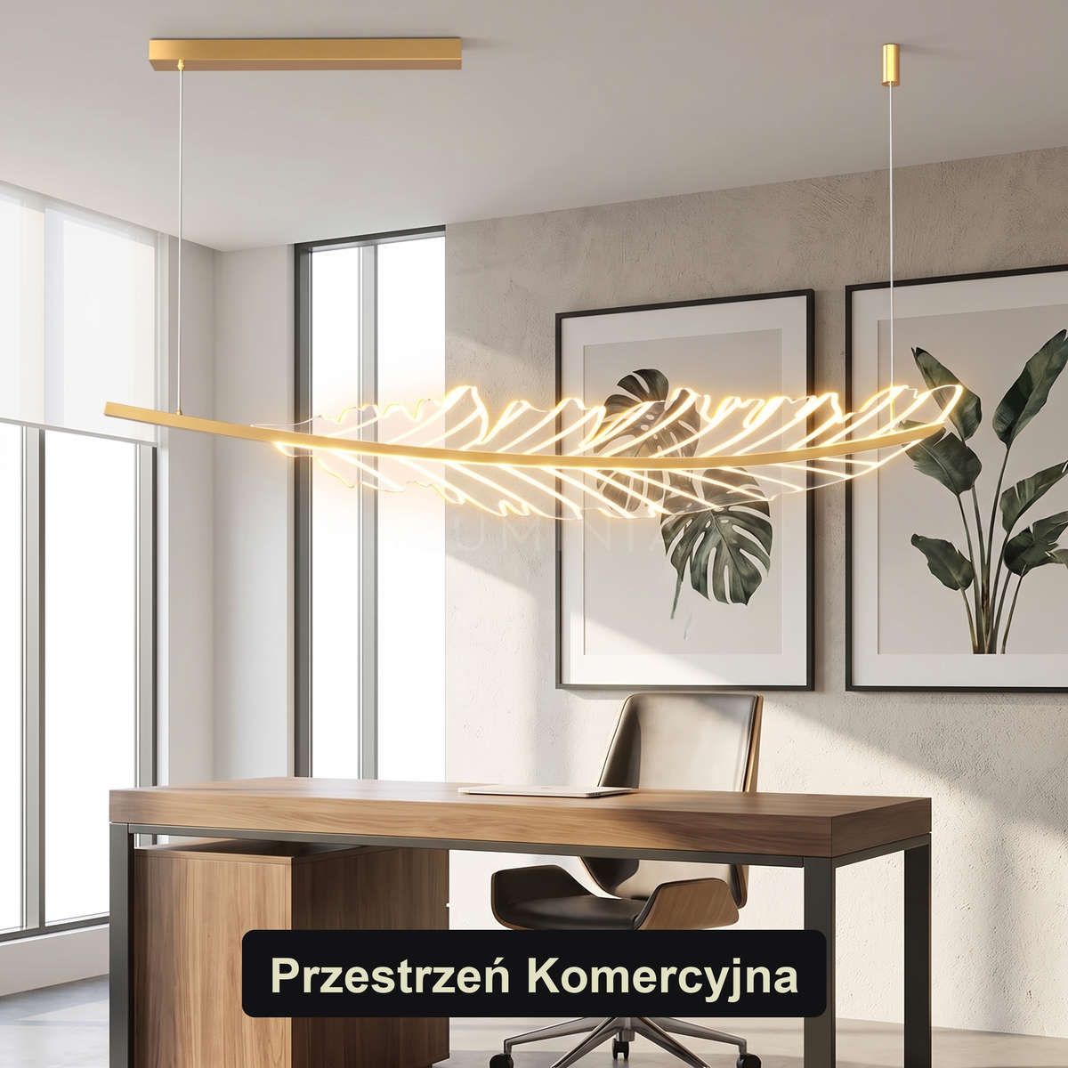 Złota lampa wisząca LED w kształcie pióra | Vinita – przestrzeń komercyjna