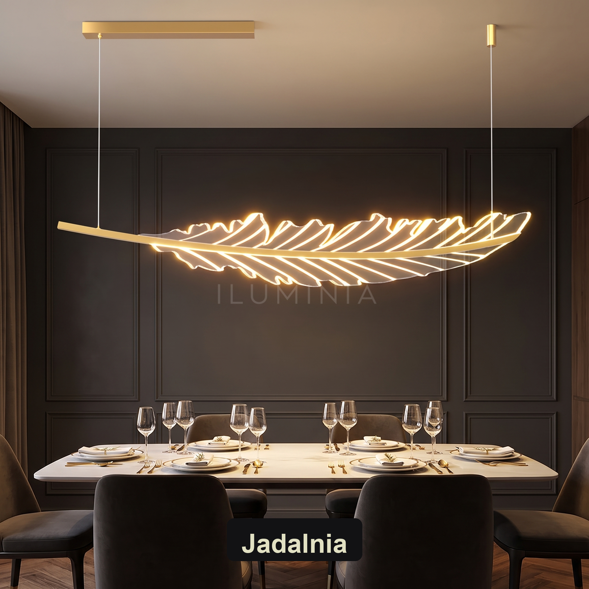 Złota lampa wisząca LED w kształcie pióra | Vinita – jadalnia