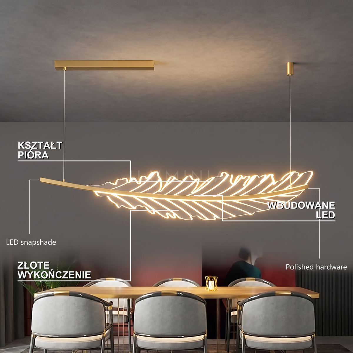 Złota lampa wisząca LED w kształcie pióra | Vinita – cechy i funkcje