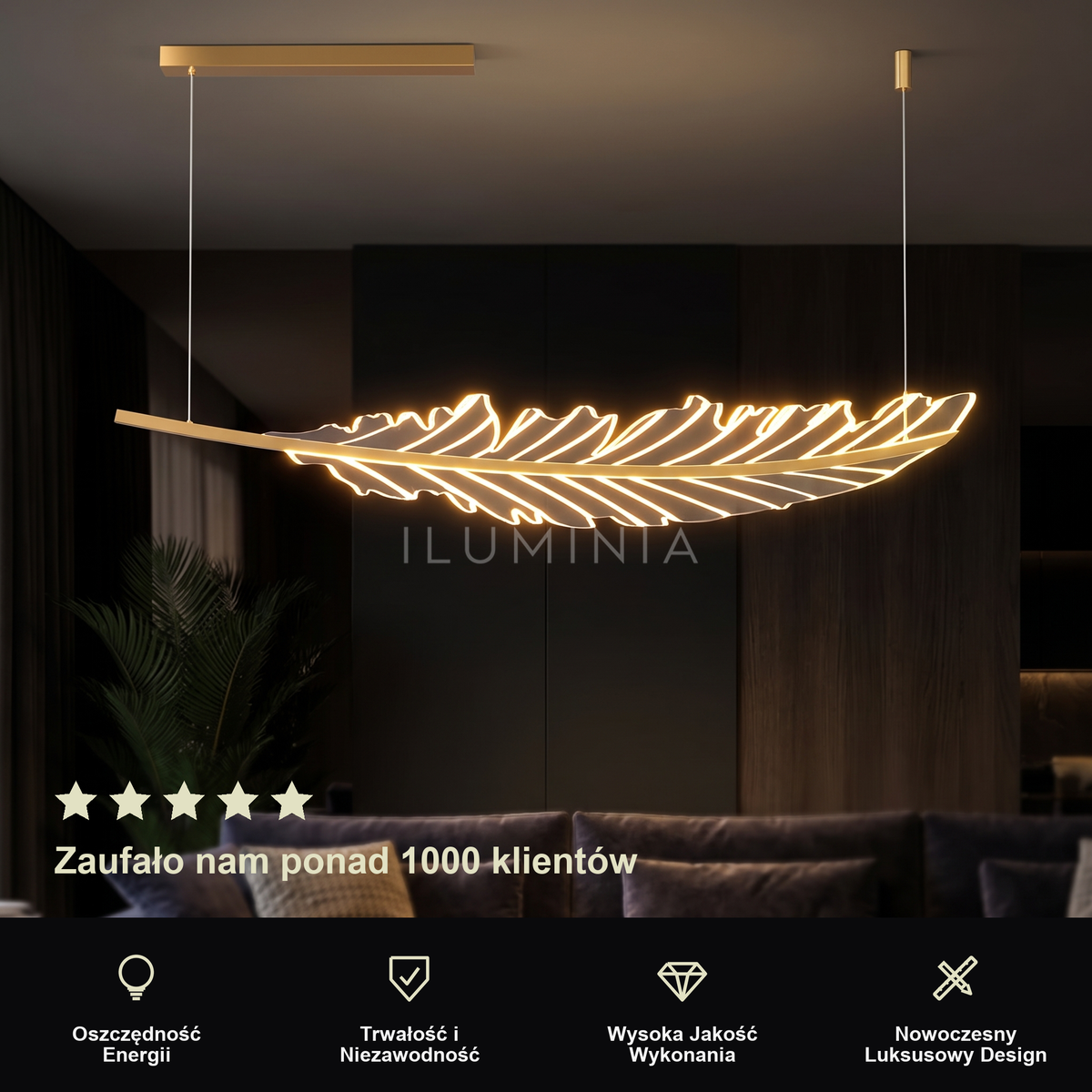 Złota lampa wisząca LED w kształcie pióra | Vinita – prezentacja