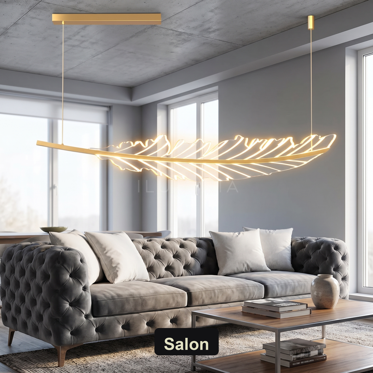 Złota lampa wisząca LED w kształcie pióra | Vinita – salon