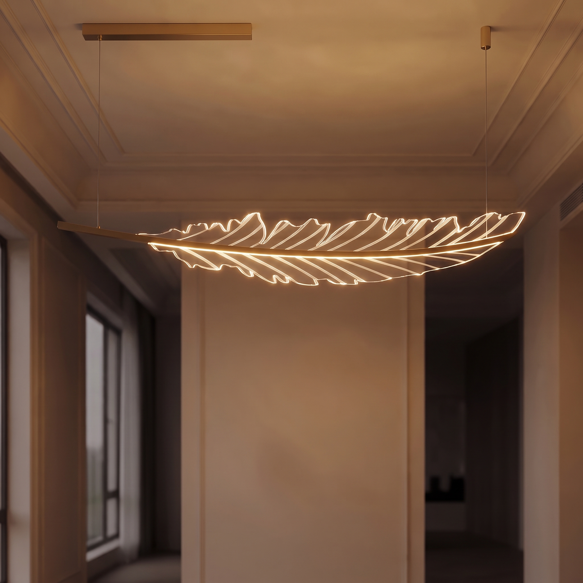 Złota lampa wisząca LED w kształcie pióra | Vinita – zapalone światło