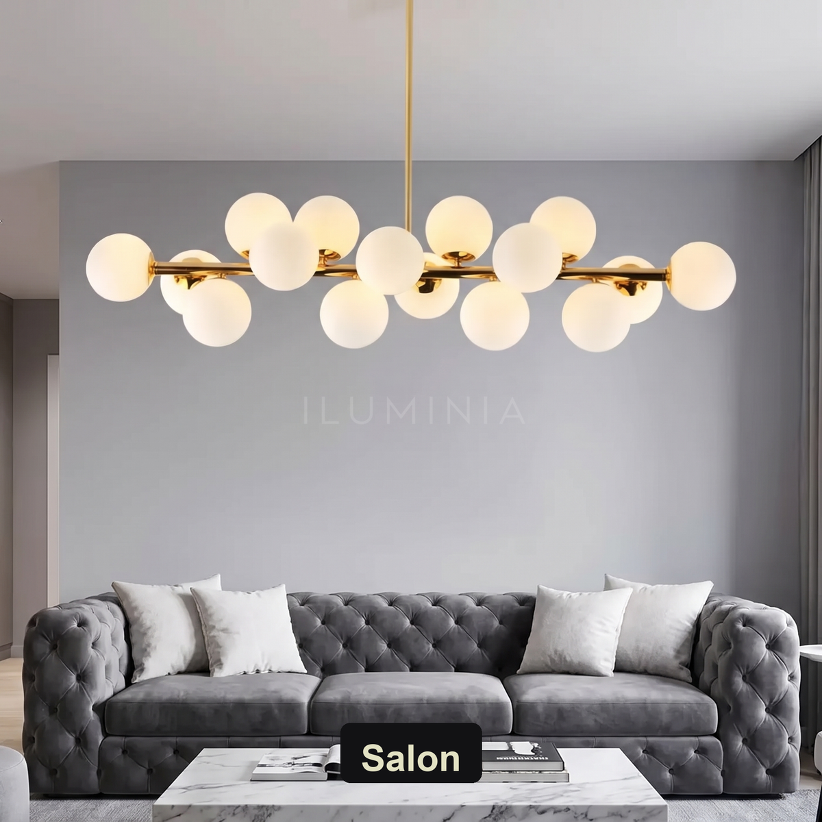 Żyrandol białe kule | Amarenza – salon