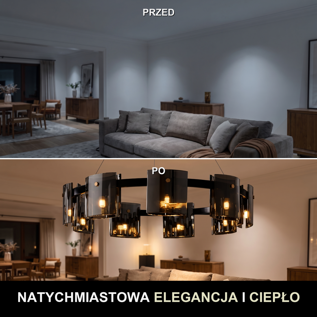 Żyrandol czarny nowoczesny | Galuna – przed i po