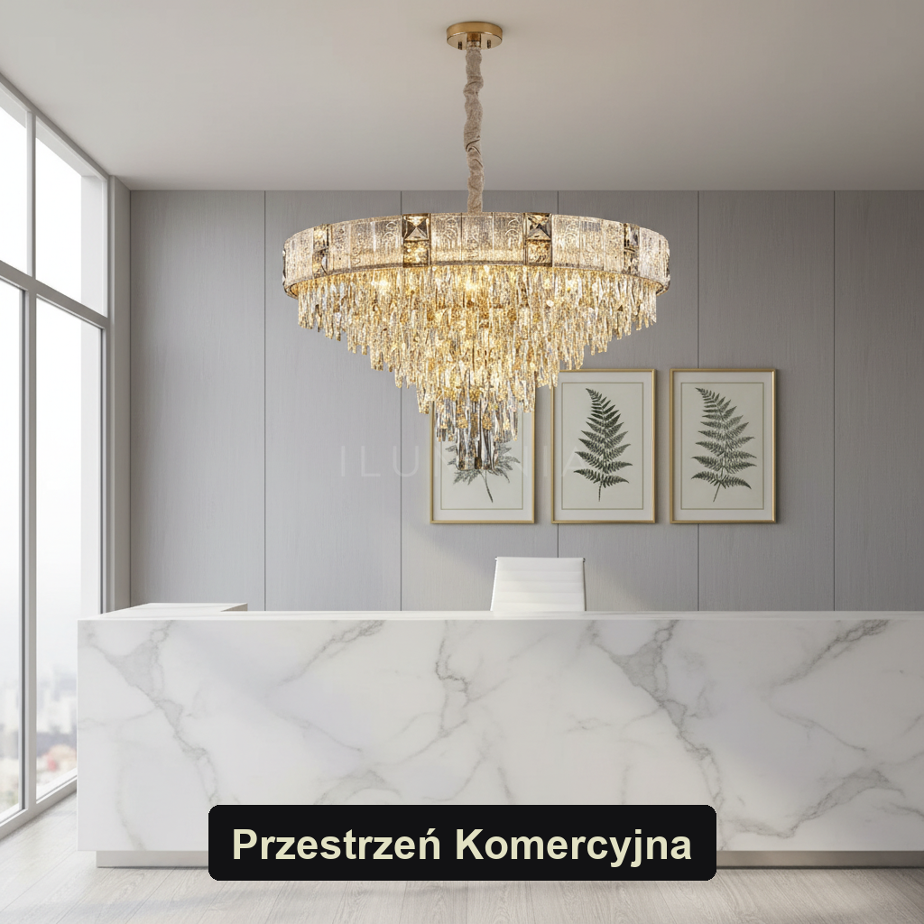 Żyrandol kryształowy złoty | AUREO – przestrzeń komercyjna