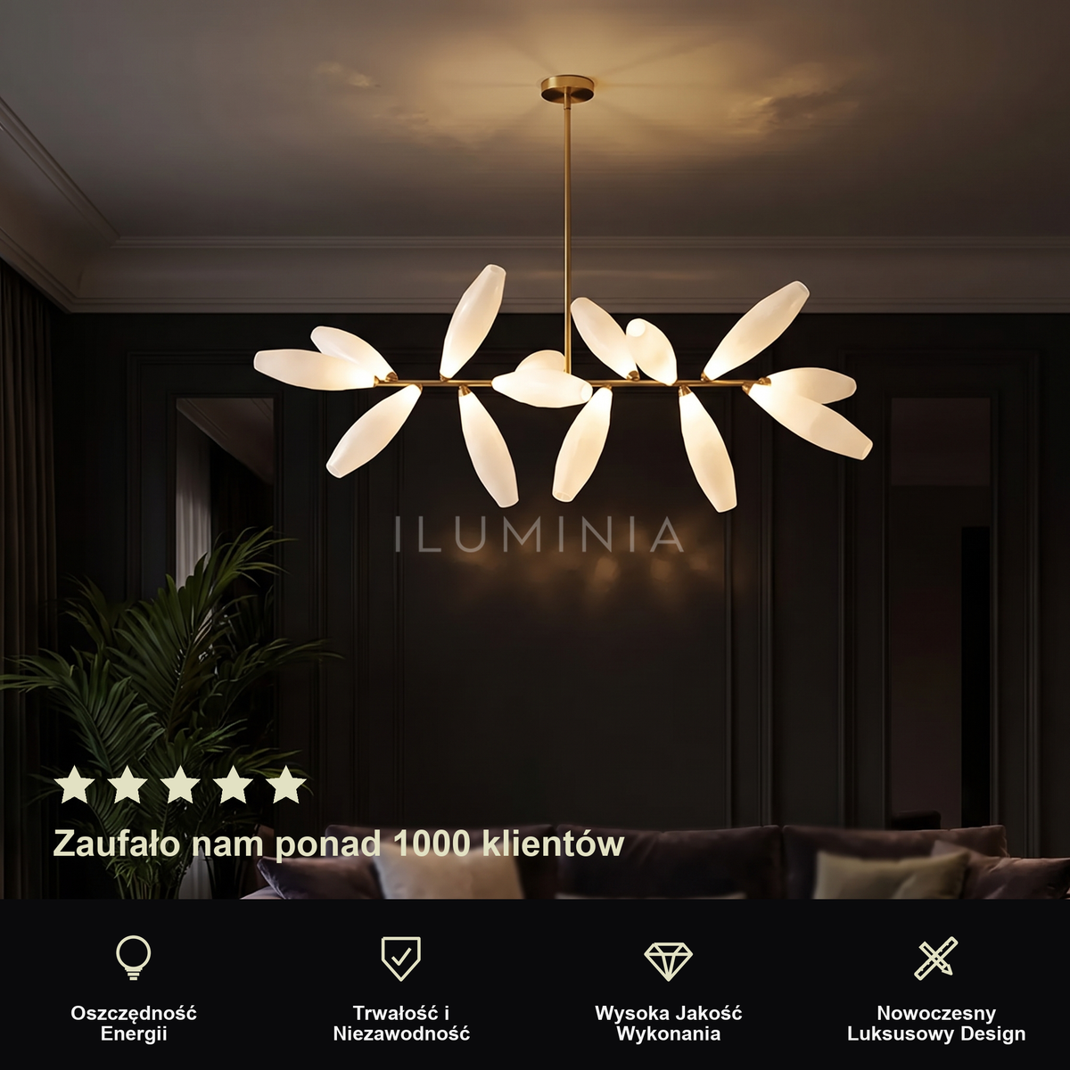 Żyrandol złoty liniowy z białymi płatkami | Santella