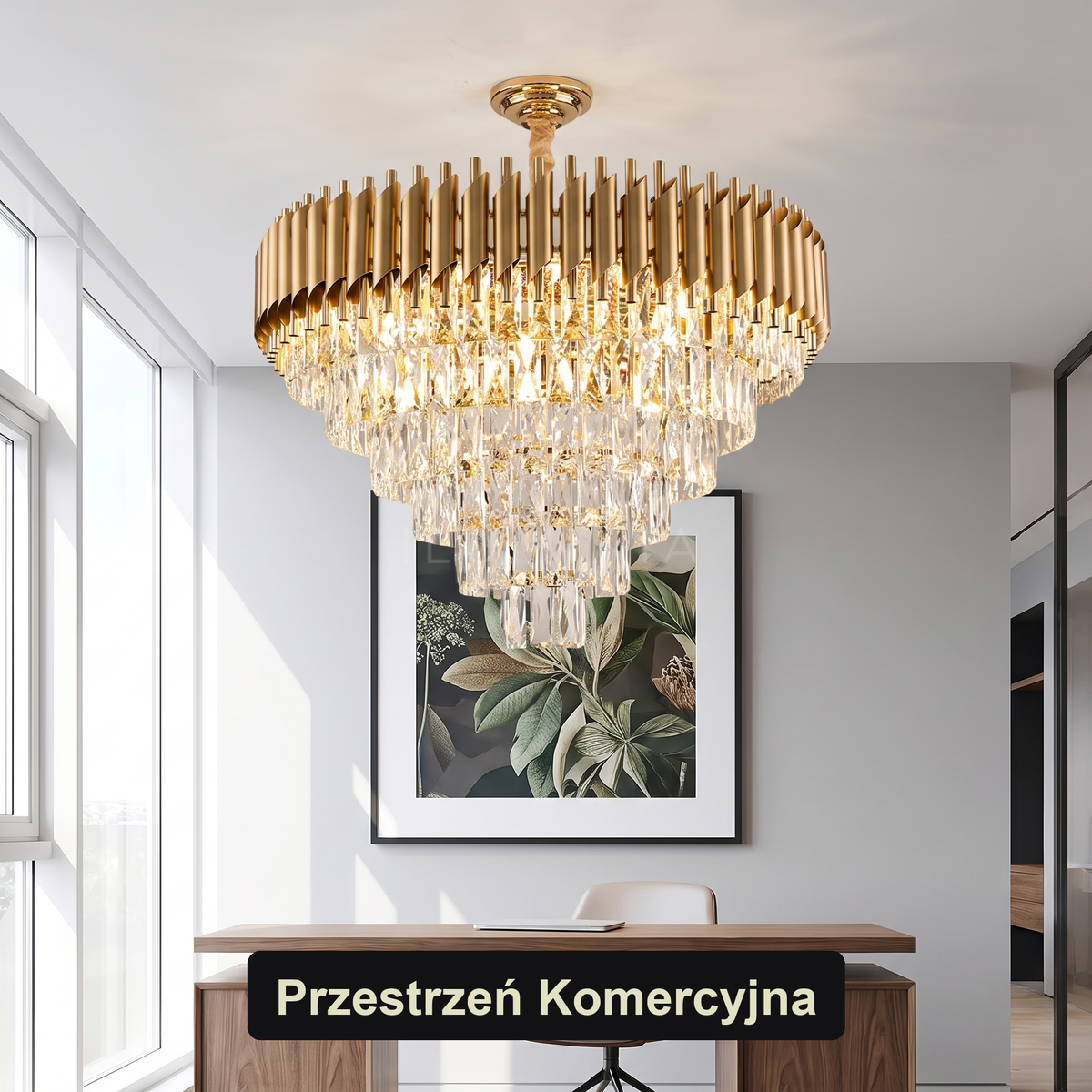Żyrandol kryształowy kaskadowy złoty | Vintalda – przestrzeń komercyjna